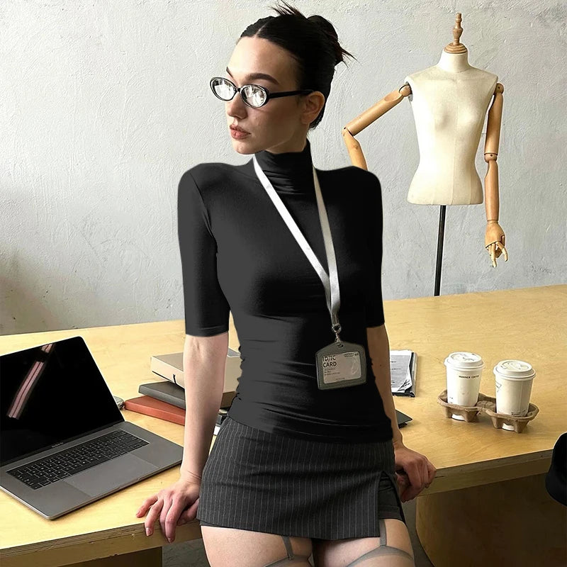 Spring And 'S Color High Neck Half-Sleeved Tight Slim al T-Shirt Top Commuter