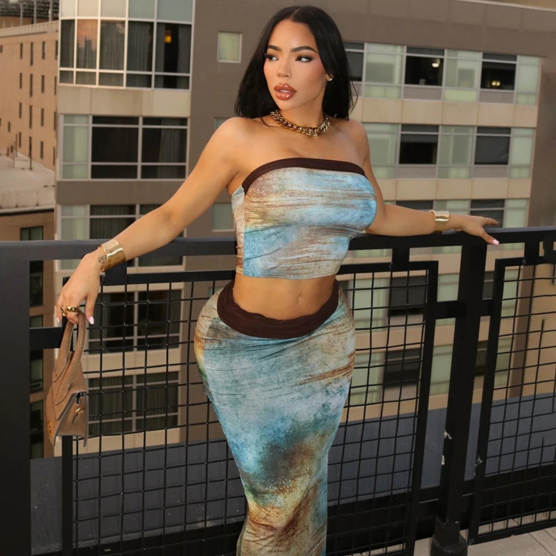 One Shoulder Halo Strapless Top High Waist Long Wrap Skirt Set Sets