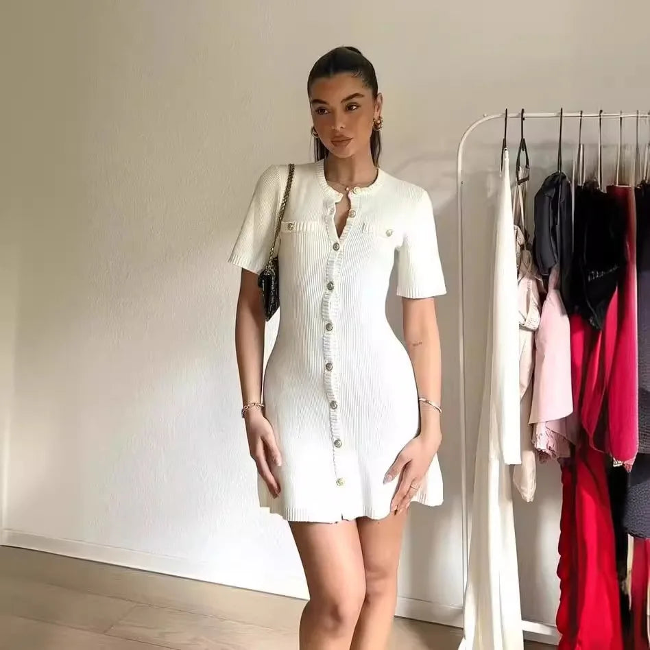 White Knit Mini Dress Short Sleeve Patchwork Pocket Loose Dress Knit Mini Dress