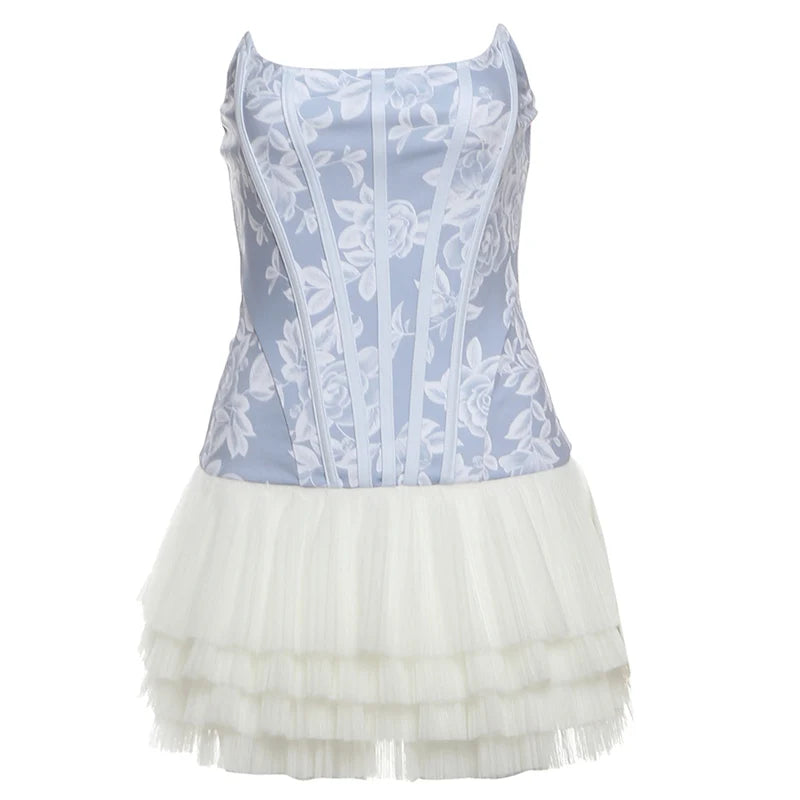 Patchwork Dress Anti-Fishbone Flower Dark Lines Bandeau Multi-Layered Pleats Fluffy Sweet Mini Bodycon