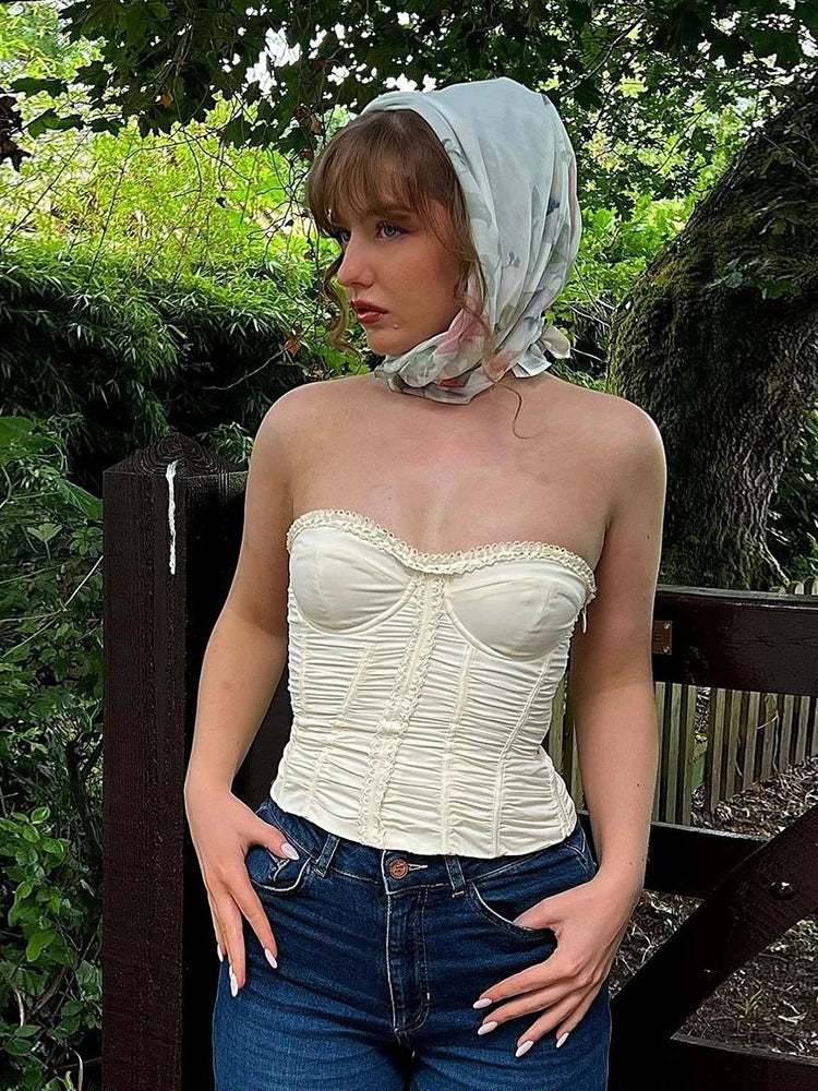Ruffles Corset Top Fake Fishbones Wrap Daily stretch Tube Top