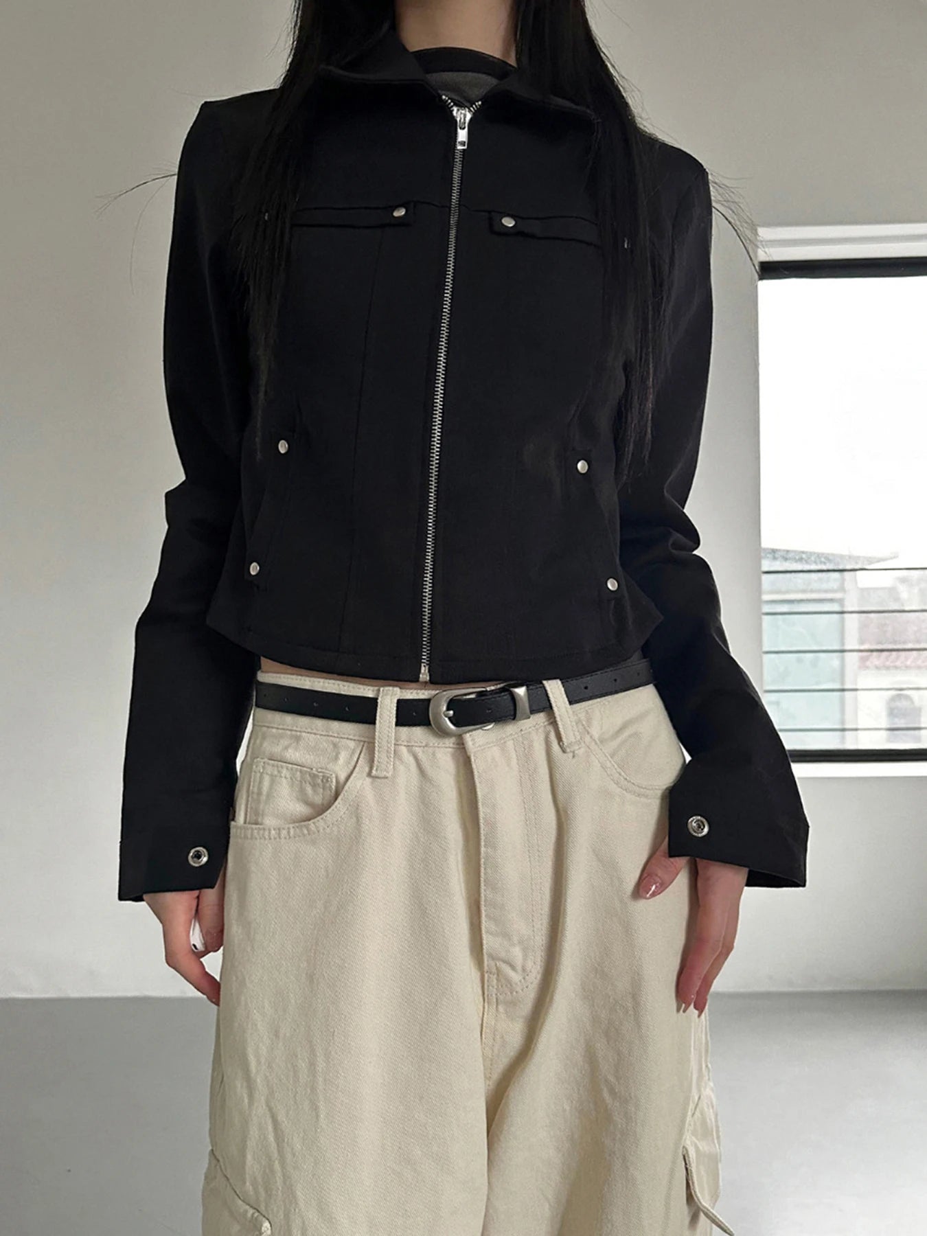 's Rivet Jacket Black Zip-Up with Pockets Long Sleeve Coats Cropped Design