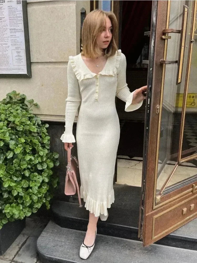 Ruffled Patchwork Knit Maxi Dress Ribbed Long Sleeve Dress Gown Slim Knit Long Dress