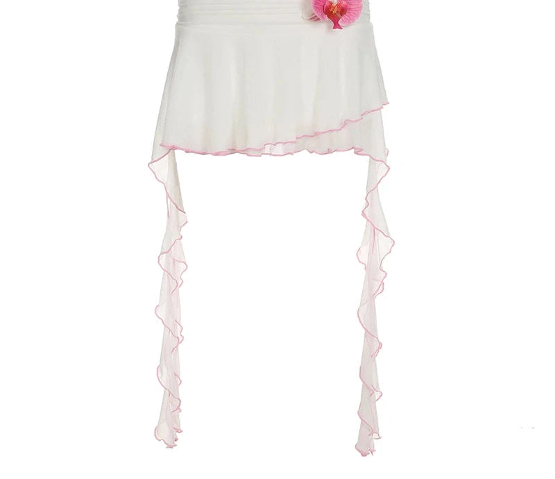 Tie Flowers Ruffles A-Line Skirt With Shorts Slim Low-Waisted Mini Skirt