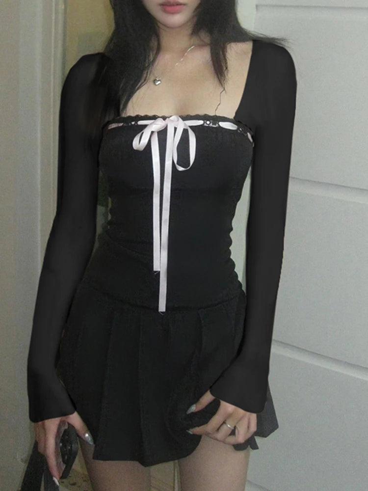 Black Lace Up Square Collar Dresses Balletcore Aesthetic Bodycon Long Sleeve Mini Dress Korean