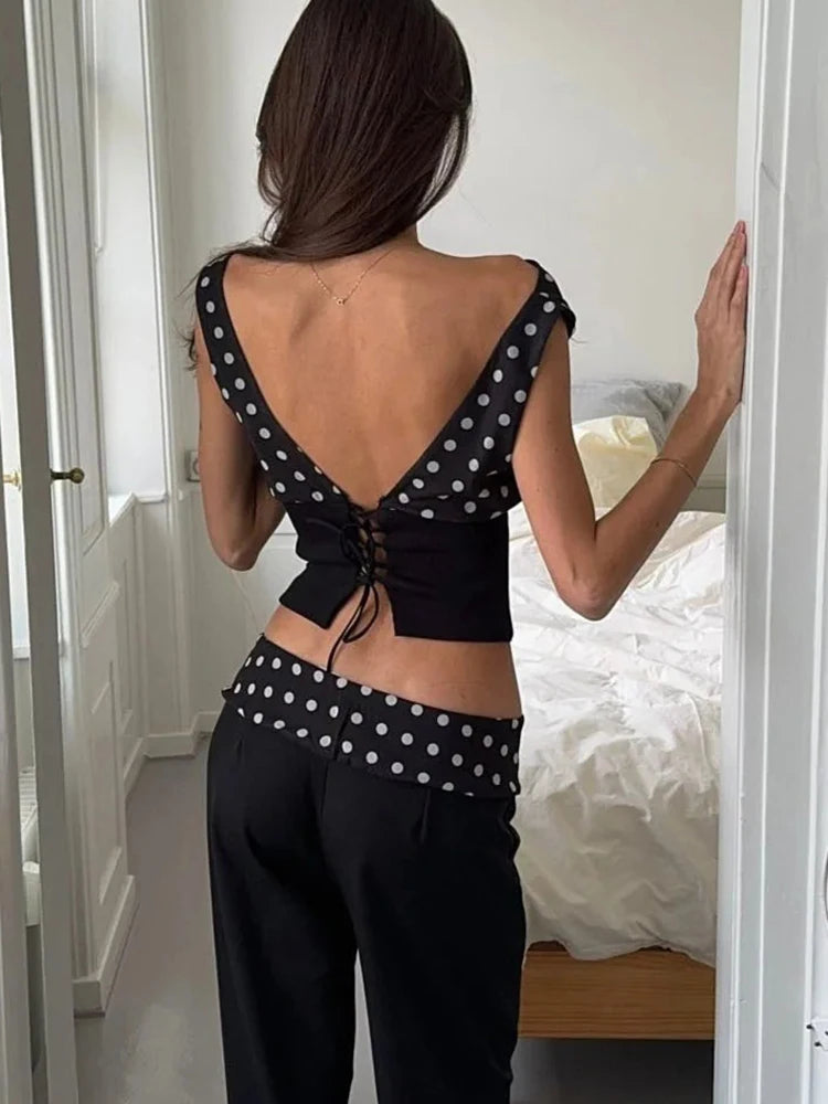 JULISSA MO Off Shoulder Print Polka Dot Top White Patchwork Backless Bandage Top Spring Slim