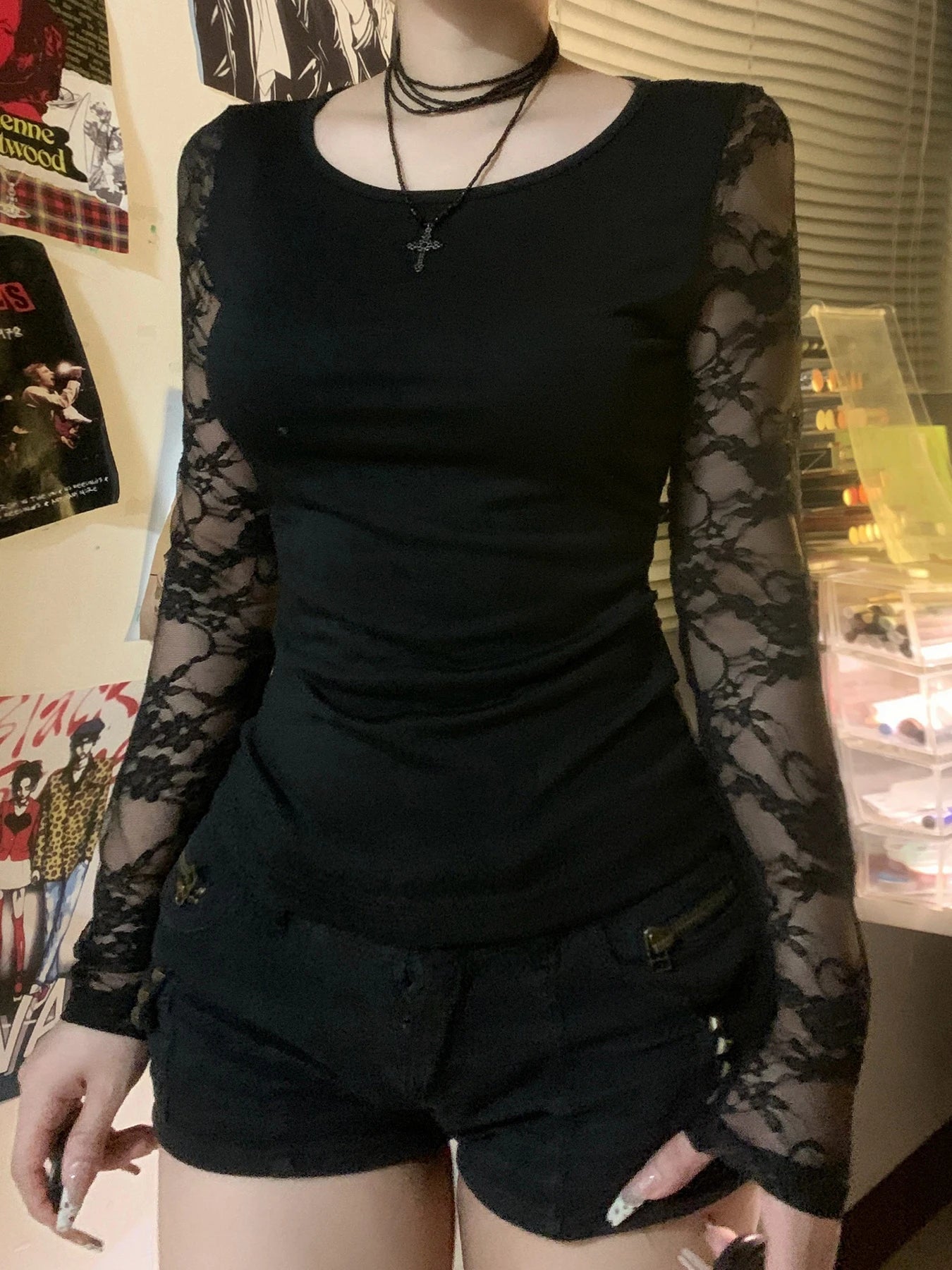 Crewneck Tee Shirts Lace Patchwork Slim Black Top