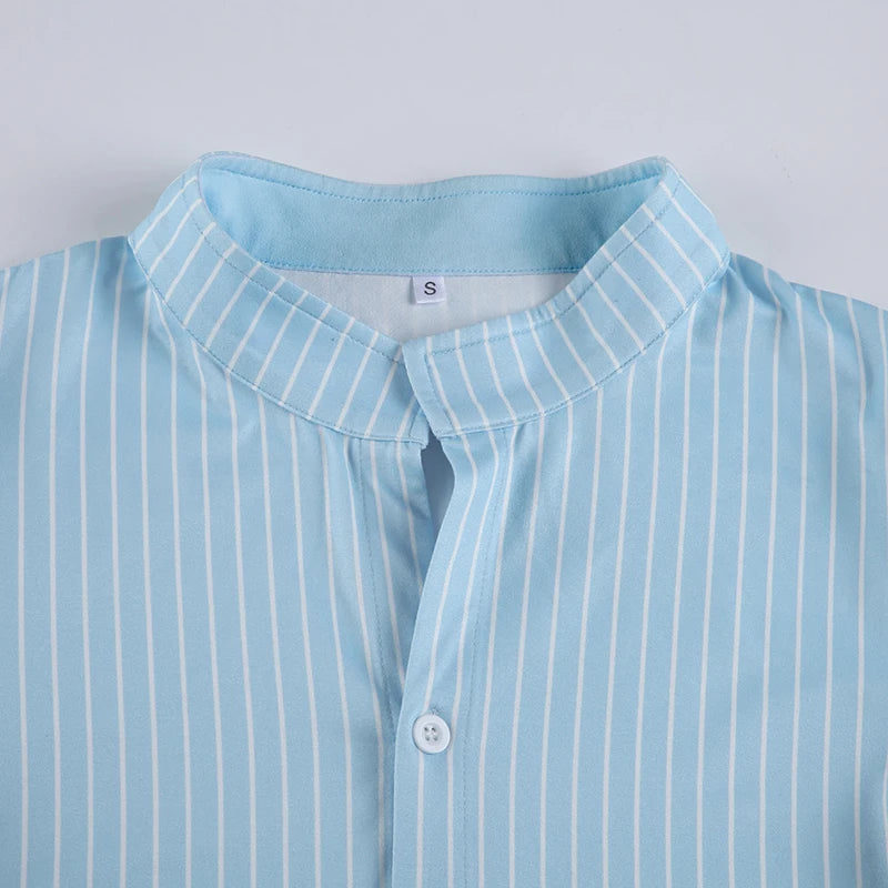 Blue Stripe Short Sleeve Shirts Button Up Turn Down Collar Slim Preppy Tops Basic Tees