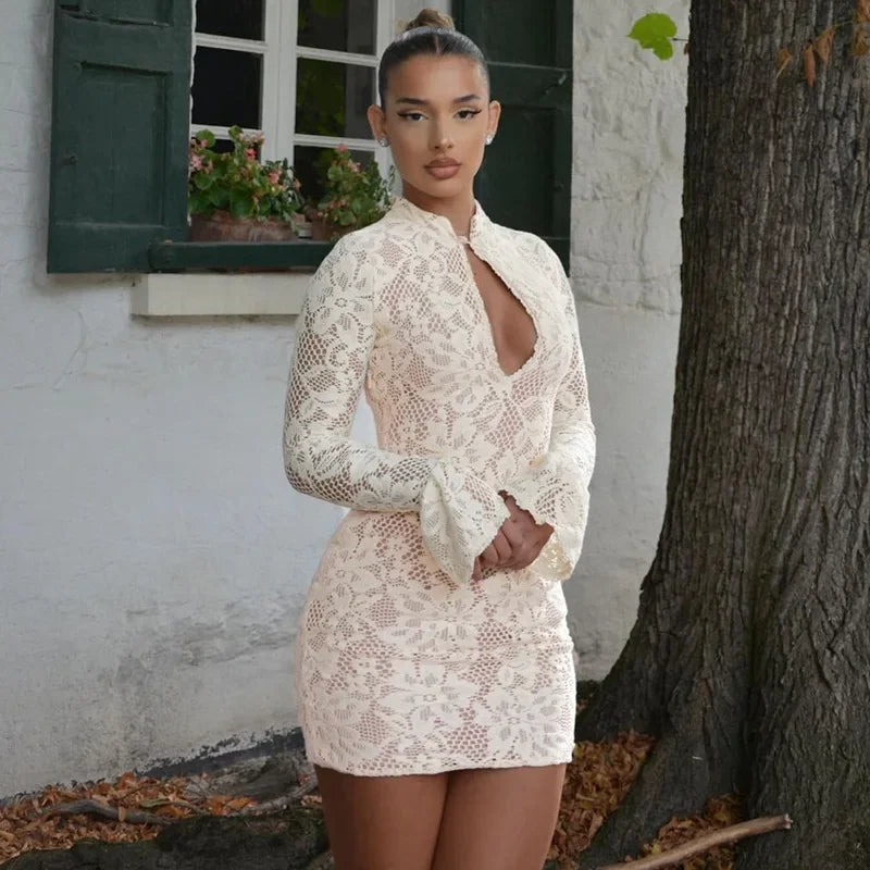 Hollow Out Long Sleeve Cocktail Dress for Stand Collar Dresses Lace Dresses