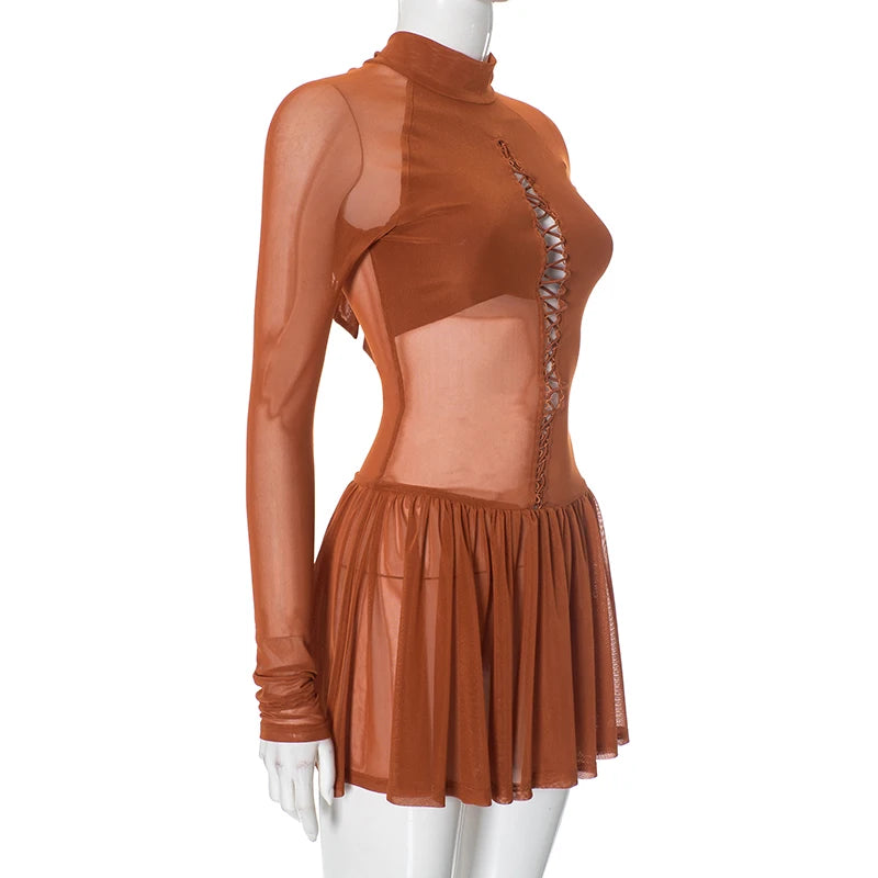 See-Through Hollow Out Meh Patchwork Round Neck Pullover Lace-Up Long-Sleev Hip Mini-Dress