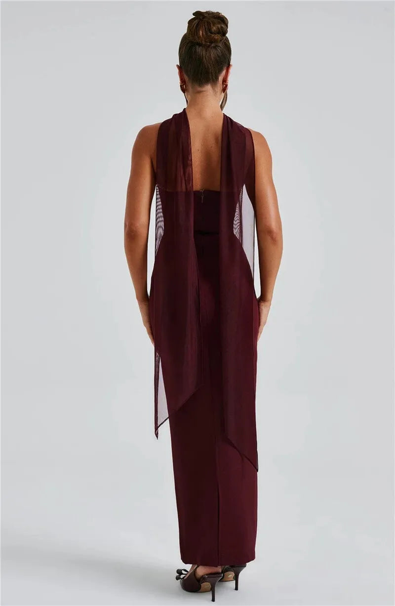 Scarf Collar Backless Bodycon Maxi Dress
