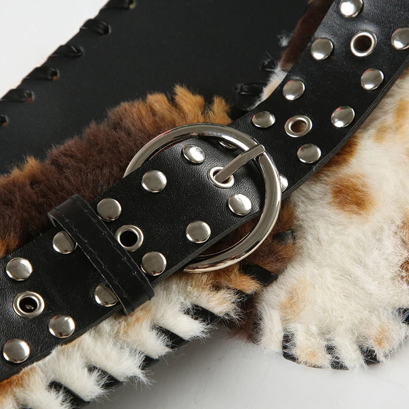 Cow Stripe Furry PU Belts Fairycore Grunge Leather Sashes Adjustable Accessories