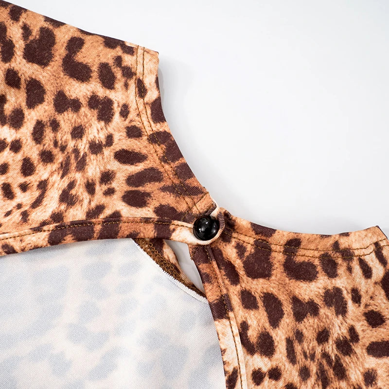 Leopard Round Neck Pullover Backlessss Bodysuit