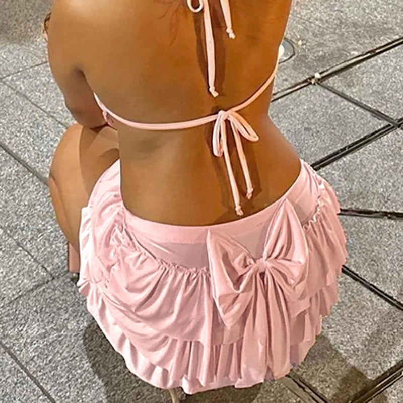 Low Waisted Skirts Bow Pink Mini Skirts Japanese 's Bottoms