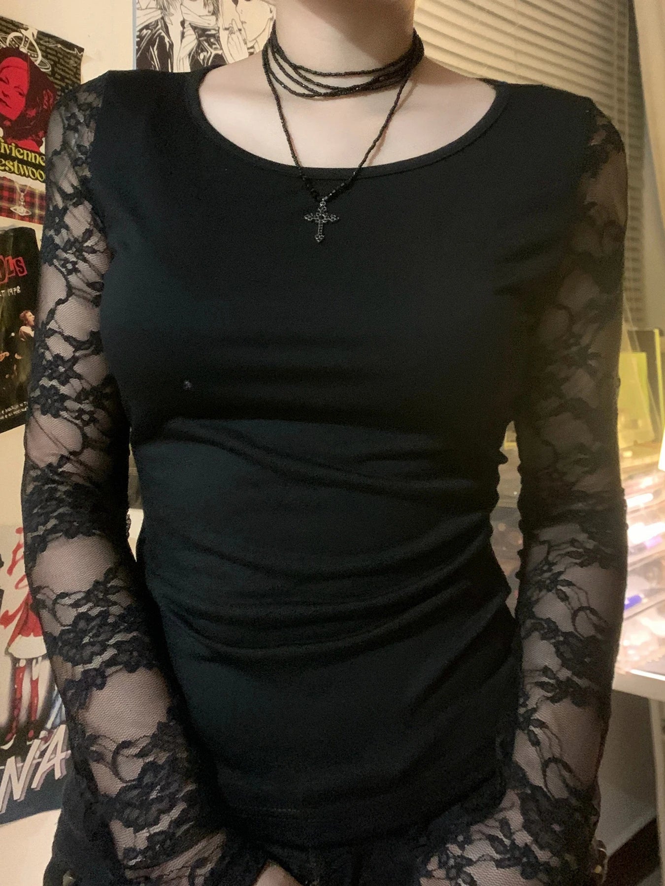 Crewneck Tee Shirts Lace Patchwork Slim Black Top