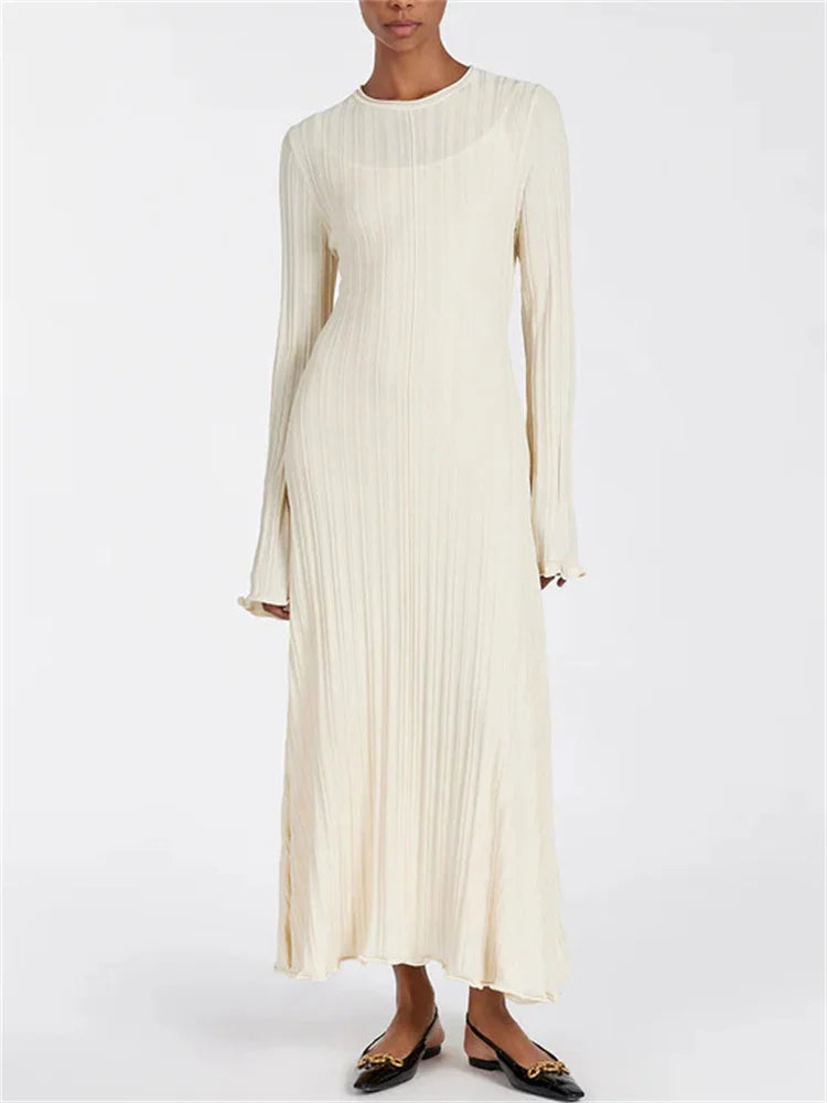 Knit Loose Maxi Dress Lace-Up High Waist Ribbed Long Sleeve Dress Knit Long Dress