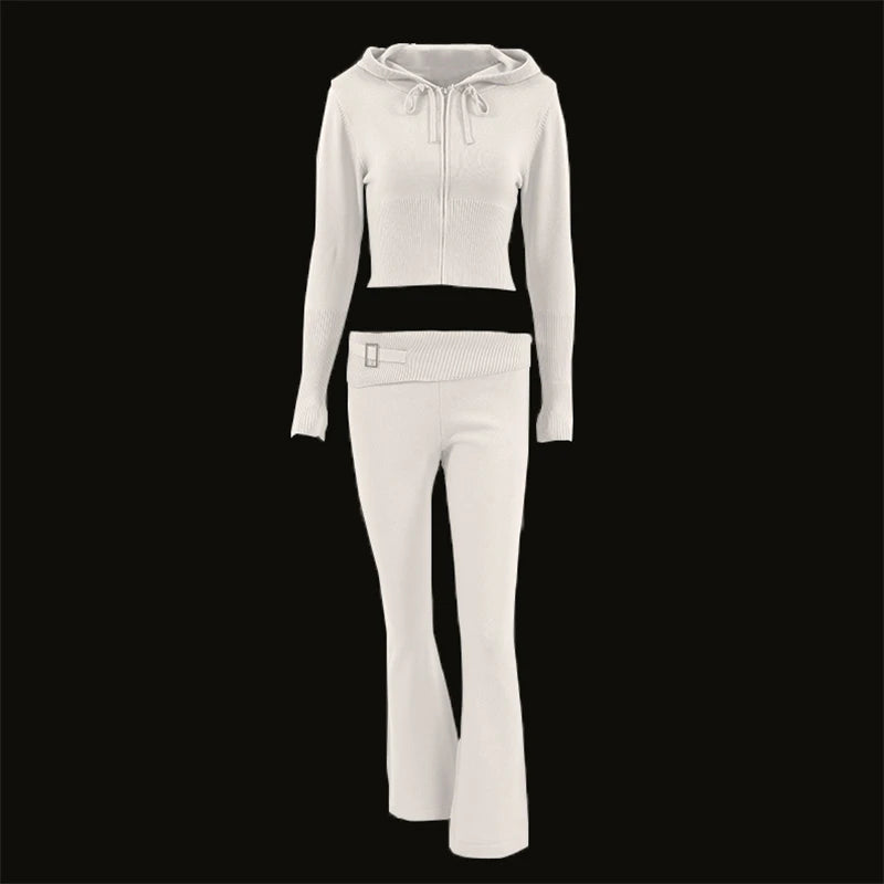 Knit 2 Piece-Set Trousers Hoodie Tracksuit Crop top Knit And Pants Sets Trousers