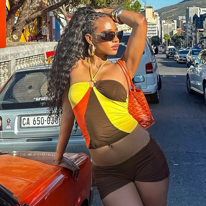 'S Circle Hanging Neck Suspenders Colorful Exposed Backpack Hip Resort Shorts Set Causal Sets
