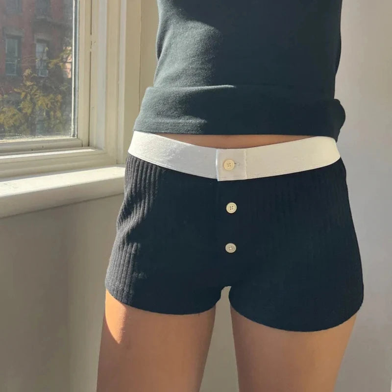 Low Waisted Button Up Mini Shorts Patchwork Slim Bottoms Shorts