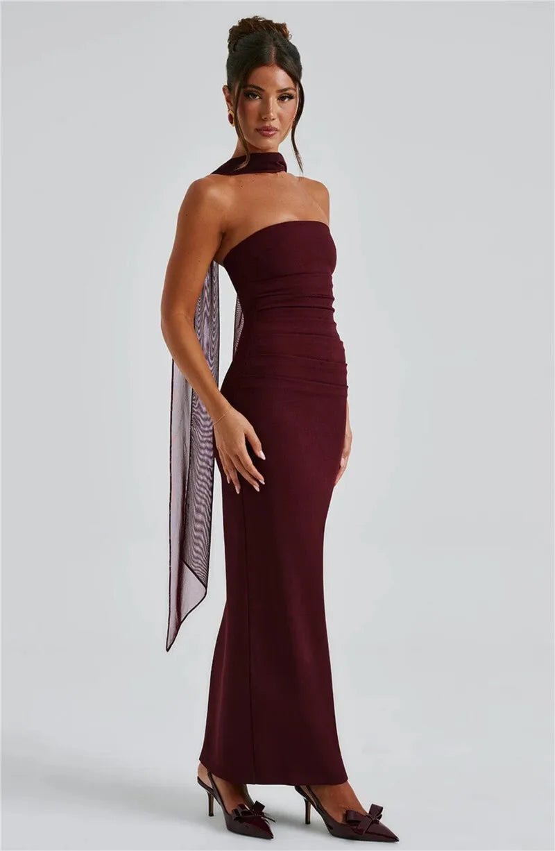 Scarf Collar Backless Bodycon Maxi Dress