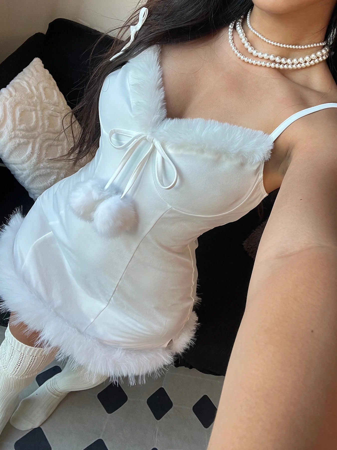 Strap Sleeveless Dress A-Line sweet White Mini V-Neck Lace-up Hairball Dress