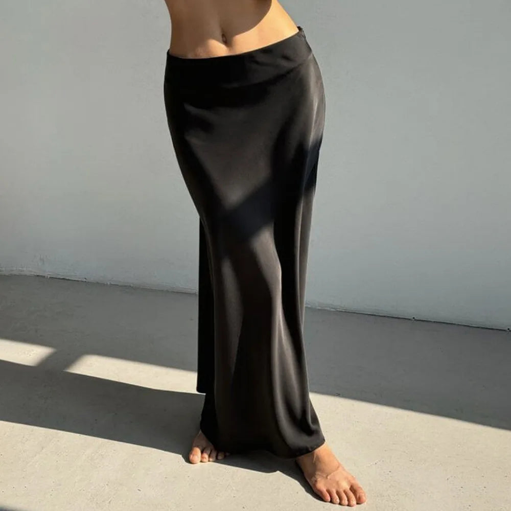 Solid Color Long Skirt Satin Bodycon Skirt High Waist Office Skirts