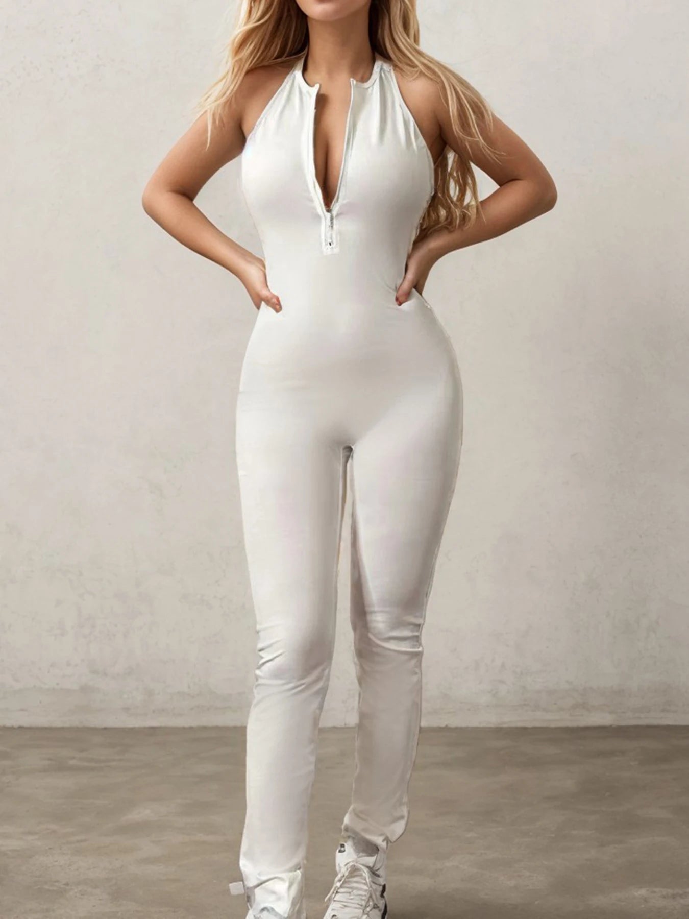 Backless Zipper Jumpsuits Sports Bodycon Rompers Slim Sleeveless