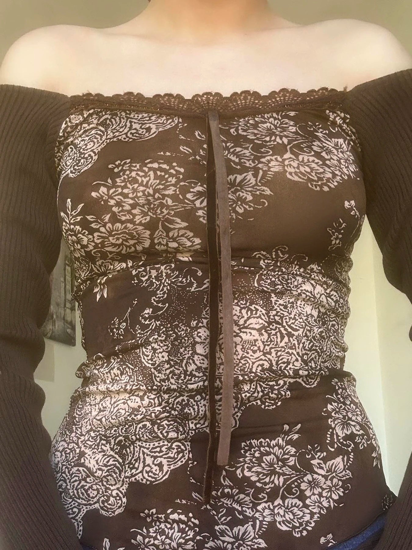 Floral Print Slim Top Tees Lace-up Brown ing Patchwork