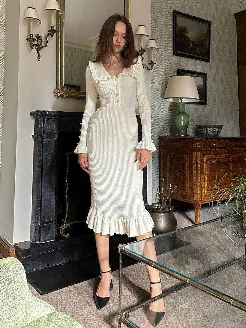 Ruffled Patchwork Knit Maxi Dress Ribbed Long Sleeve Dress Gown Slim Knit Long Dress