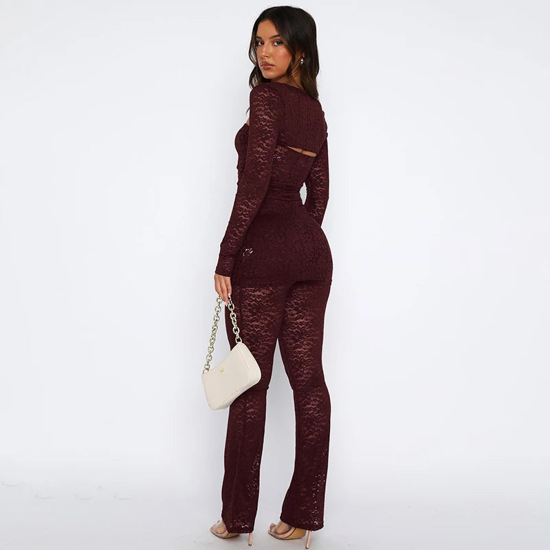 Burt Multicolor Lace See-Through Set Butier Long-Sleev Shawl Top Micro Pant Set