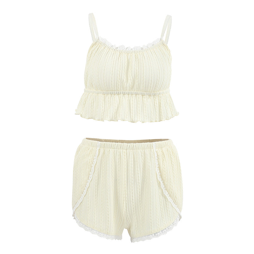 Lace Patchwork Pajamas Sets Hollow Out Crop Top Sleep Spaghetti Strap Night Shorts Nightie Suits