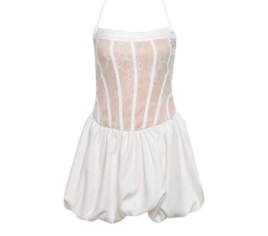 Fishbone Dress See Through Patchwork Halter Sleeveless Backless Funky Fluffy Mini Bodycon