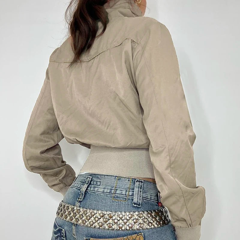 Patchwork Jackets Pockets Turn-down Collar 's Coats Zipper