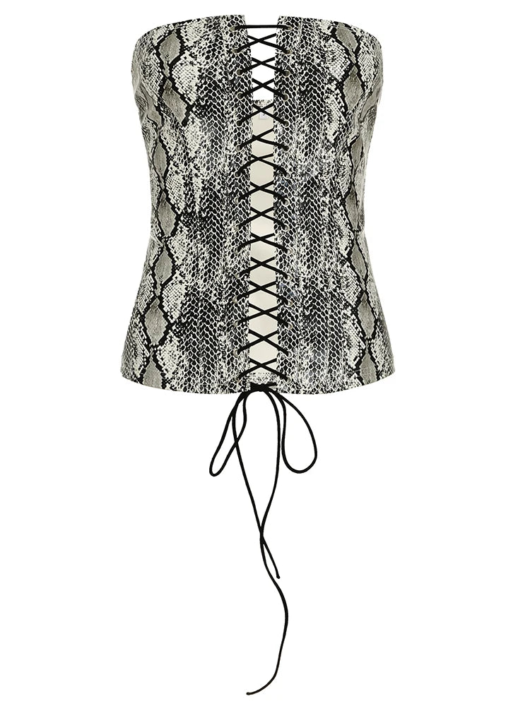 Off Shoulder Snake Print Tube Top Lace-up Bustiers Backless 's