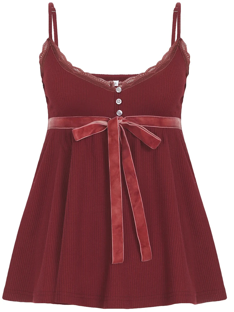 Bow Lace Camisoles Backless Red Top Sleeveless Buttons 's