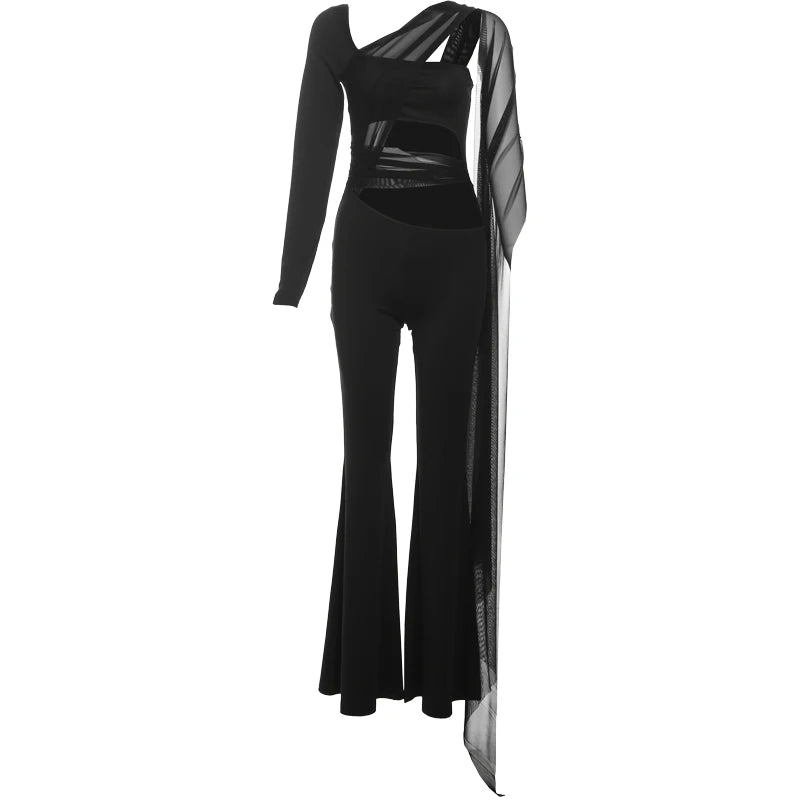 Hollow Jumpsuit Mesh Cross Bandage Ribbon Single Shoulder Full Sleeve Stretch Overalls
