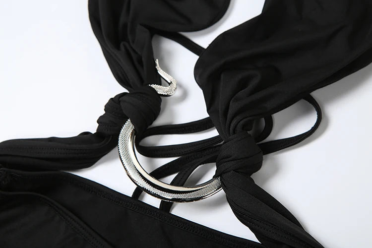 Halter Metal Rings Patchwork Dress Low-Neck Backless