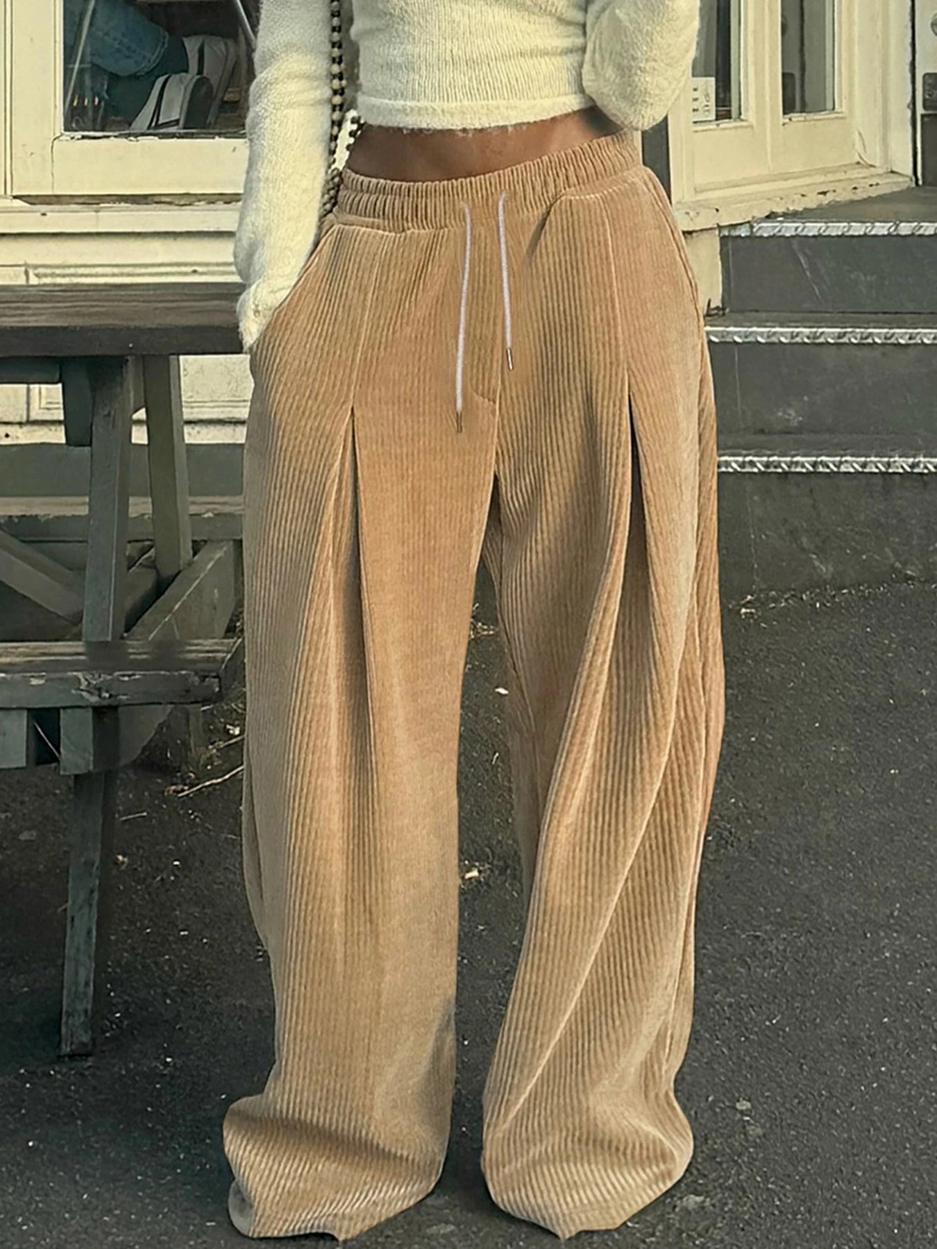 Baggy Corduroy Pants Drawstring Wide Leg Trousers Retro Bottoms