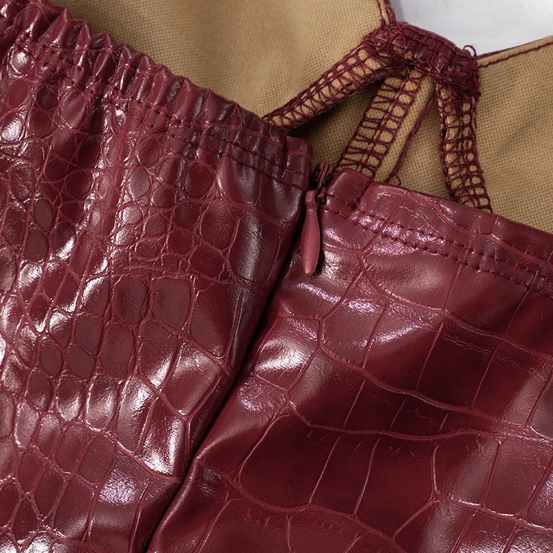 Crocodile Leather Mini Dress V-Neck Sheath Waisted Hip Short Dress