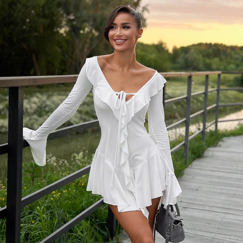 White Deep V Neck Ruffled Dress Long Flare Sleeve Short Dresses Slim