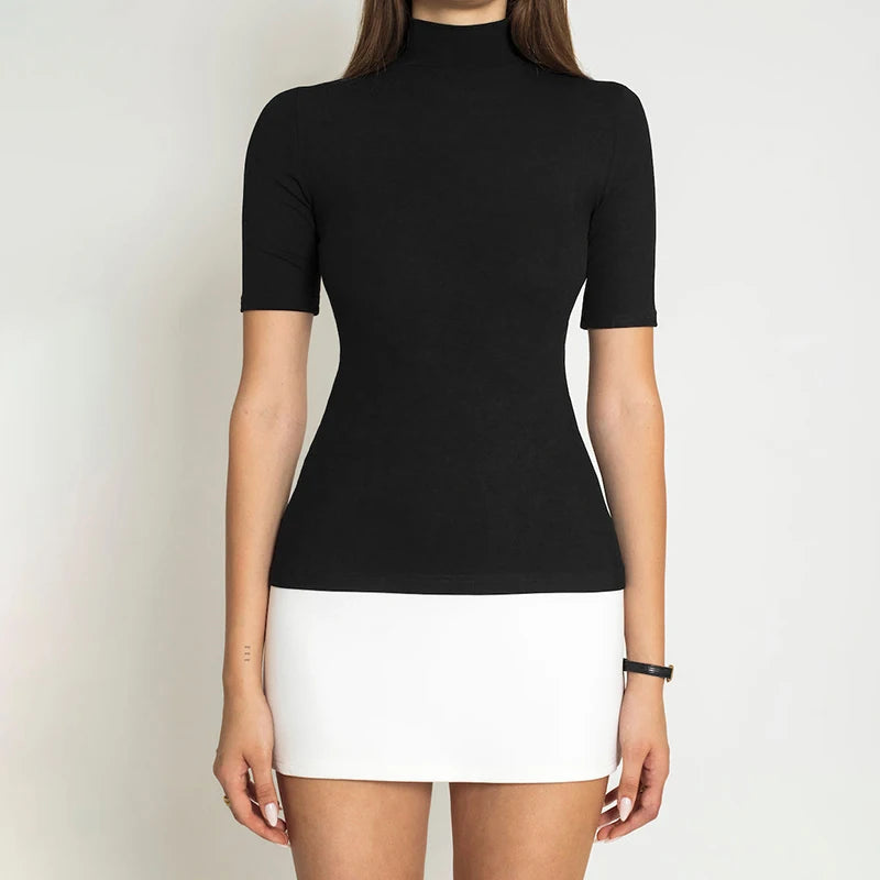 Turtleneck Half Sleeve Mini Dress French Black White Patchwork Bodycon Dress