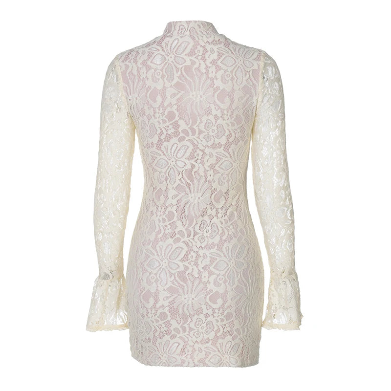 Lace Hollow Out Long Sleeve Mini Dress Half High Collar Bodycon Dress Dresses