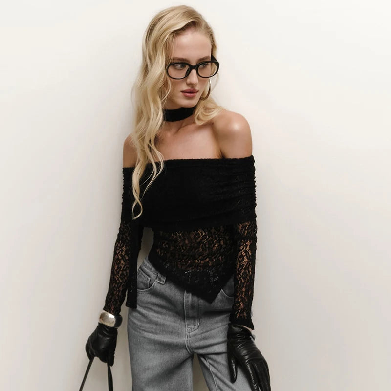 Lace One Shoulder Plunge Tie Lace Top