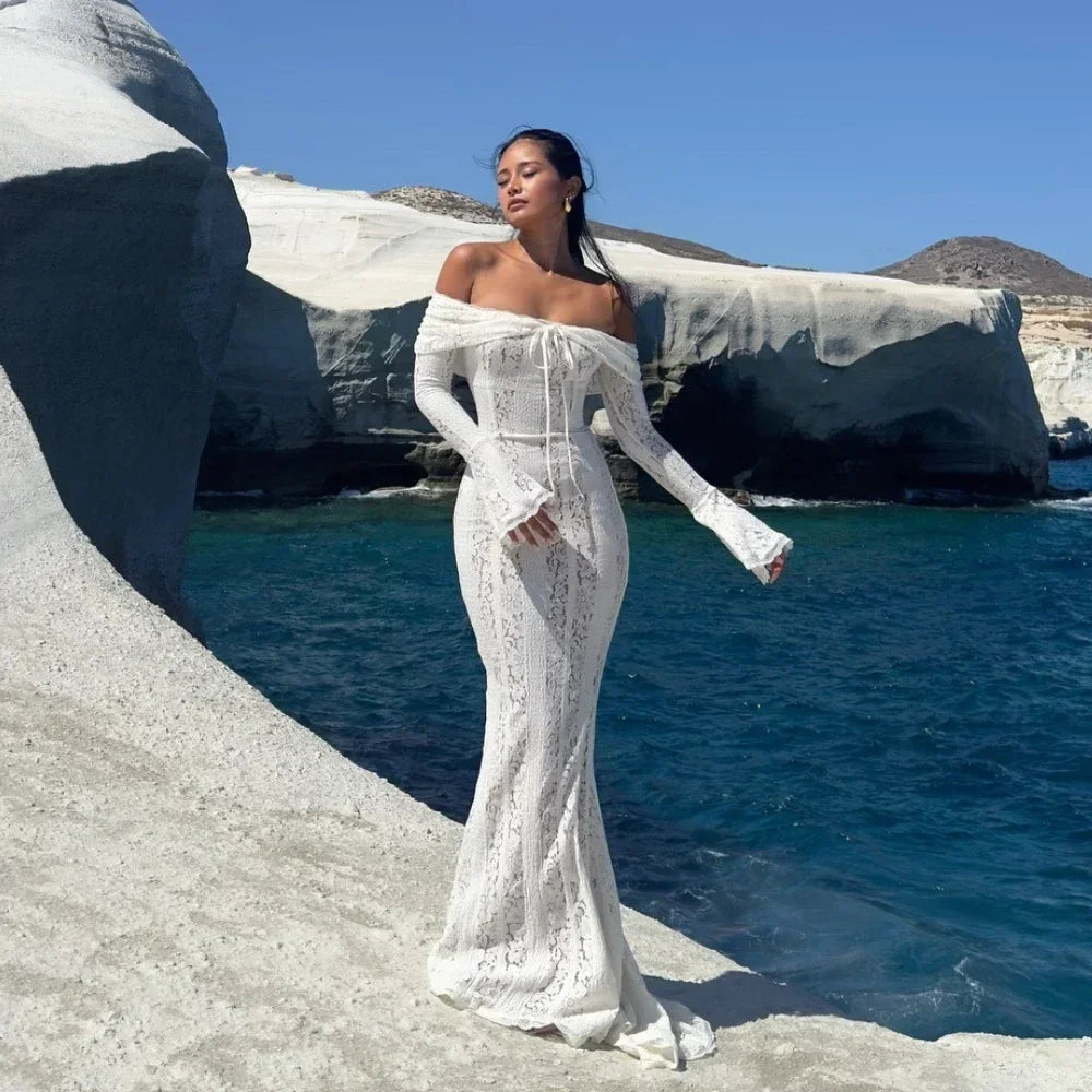 White Off The Shoulder Bodycon Dress in Flare Sleeve Lace Maxi Dress Wedding Guest Dress for