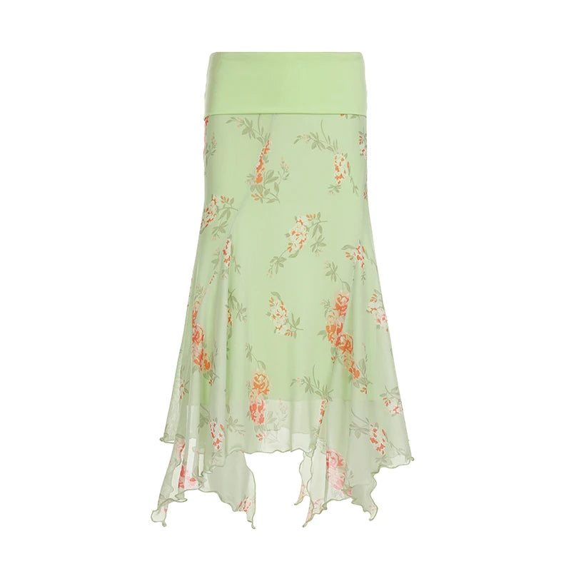 Floral Printing Asymmetric Hem Dress Colorful Fold Low Waist Mesh Sundress Bottoms