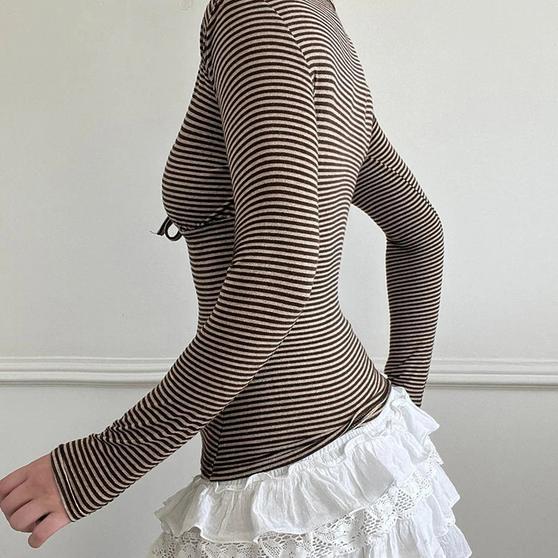 V-neck Strip Tee Shirt Long Sleeve Slim Lace-up Top