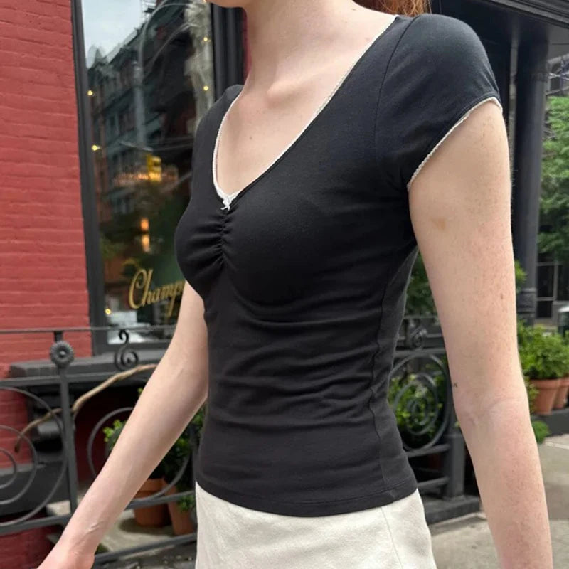 Crewneck Bow Patchwork Tee Shirts Ruched 's Top Pullovers
