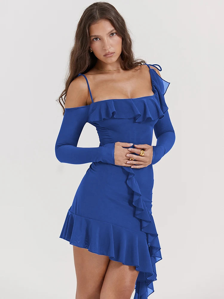 Strap One Line Neck Double Layer Long Sleeve Dress Slim Fit Ruffles Irregular Mini Dress