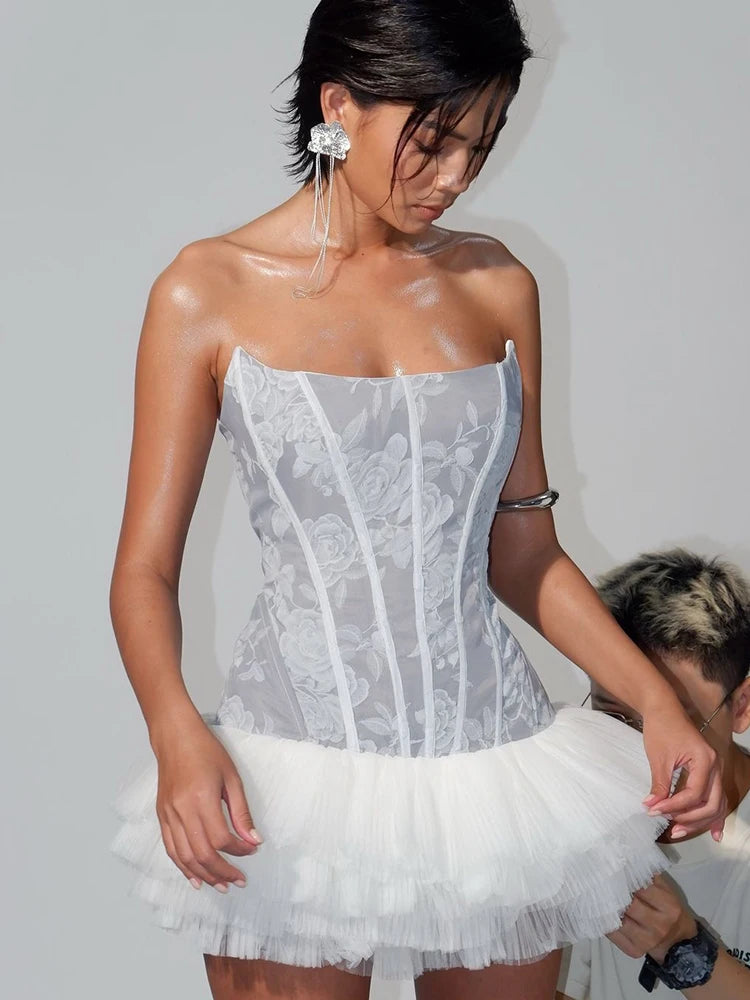 Patchwork Dress Anti-Fishbone Flower Dark Lines Bandeau Multi-Layered Pleats Fluffy Sweet Mini Bodycon