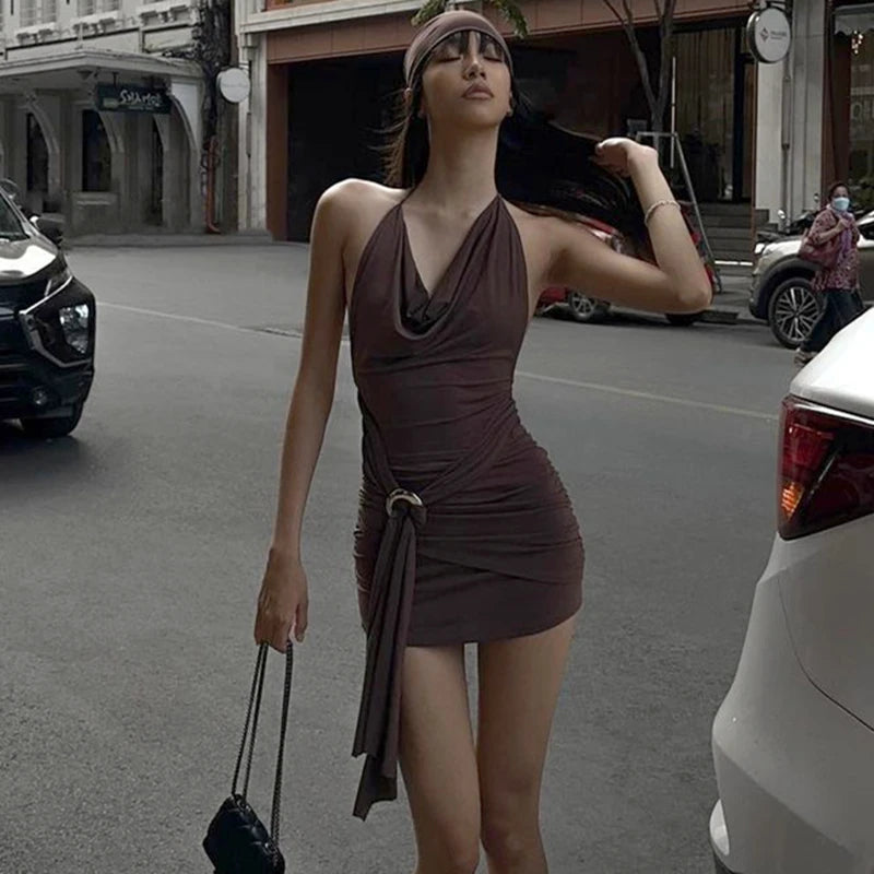 Brown Low-cut Backless Pleated Slim Mini Dress